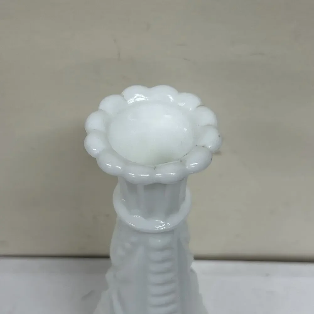 Small White Vintage Milk Glass Bud Vase Intricate Design 6”